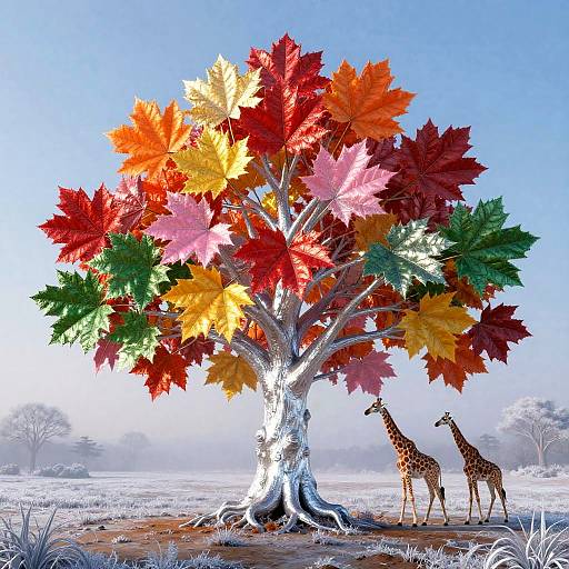 Vibrant Silver Maple with Giraffes on Frosty Morning