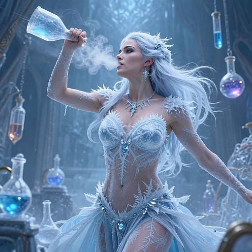 Digital art of a white-haired, blue-eyed woman in an icy, ornate dress, drinking from a glass bottle in a mystical, blue-lit