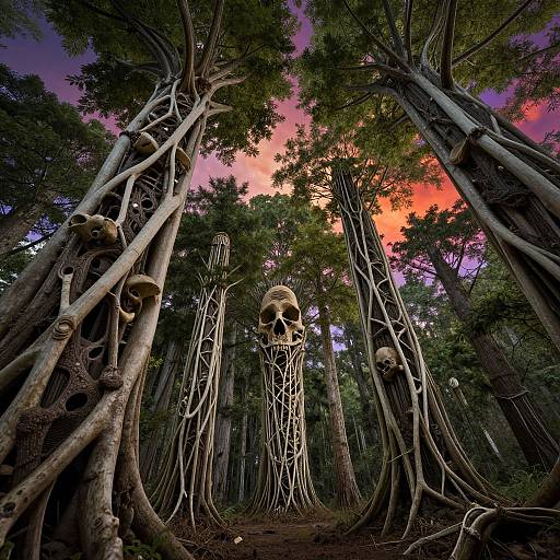 Photograph of a surreal forest with twisted trees, large, skull-like formations emerging from trunks, and a vibrant, purple-pink-orange sunset sky