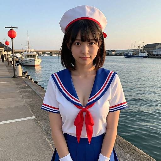 Photograph of an Asian woman in a Japanese schoolgirl sailor uniform with a white hat, red necktie, and blue skirt, standing on a dock