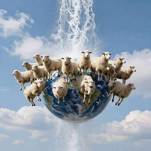 Photograph-like CGI: flock of white sheep standing on floating Earth, surrounded by lightning bolts, against a bright blue sky with white clouds.