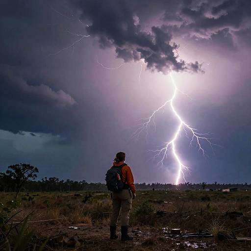 Photograph of a lone hiker with backpack, standing in dark, stormy landscape, watching a bright, jagged lightning bolt strike the sky.