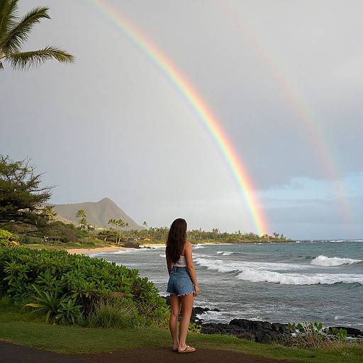 Photograph of a young woman with long brown hair, in denim shorts, standing on a grassy beach, gazing at a vibrant rainbow over a