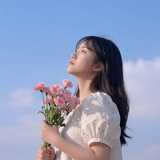 Photograph of an Asian woman with black hair, wearing a white floral blouse, holding pink carnations, gazing upwards at a bright blue sky.