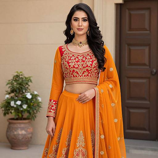 Photograph of an Indian woman with long black hair, wearing an orange traditional lehenga with red and gold embroidery, gold jewelry, and a matching ch