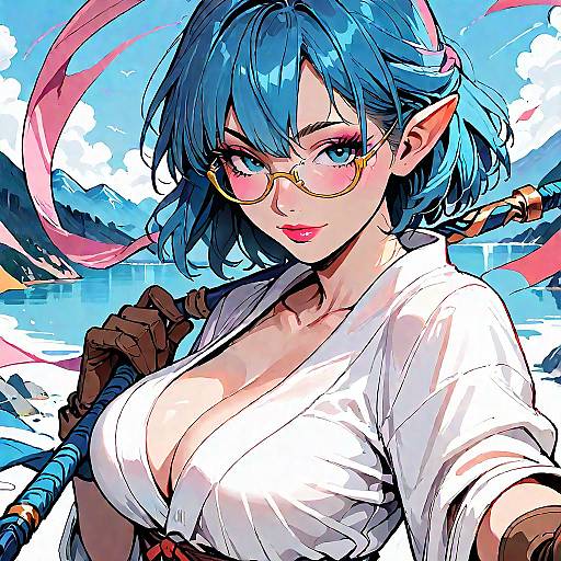 Digital anime-style drawing of a blue-haired elf woman with large breasts, wearing glasses, white open shirt, and brown gloves, holding a staff, against