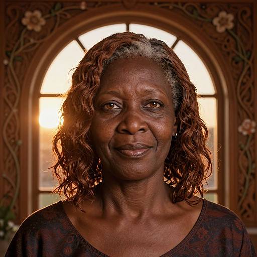 Photograph of a smiling middle-aged African-American woman with curly red-brown hair, wearing a dark patterned top, against a warmly lit, orn