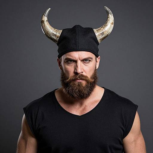 Photograph of a muscular bearded man with a serious expression, wearing a black shirt, and a black cap with large, metallic horns, against a