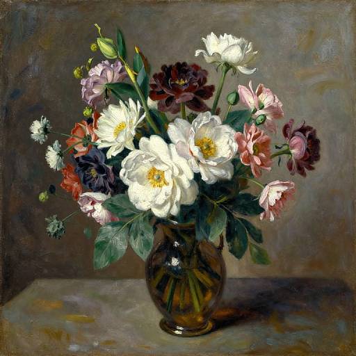Classic oil painting of a dark glass vase with a vibrant bouquet of white, pink, and purple flowers, set against a muted gray background.