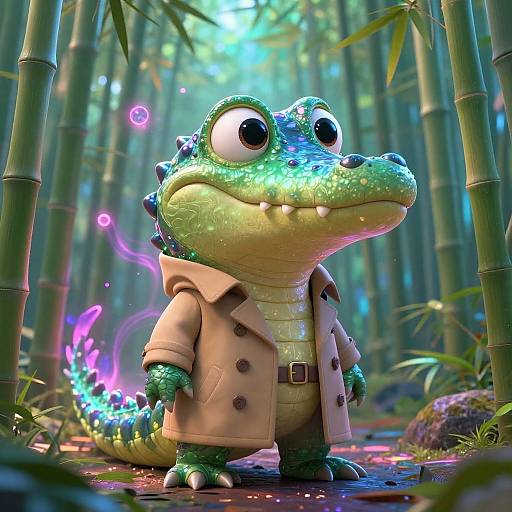 CGI cartoon crocodile with large eyes, green scales, wearing a beige trench coat, standing in a glowing bamboo forest.