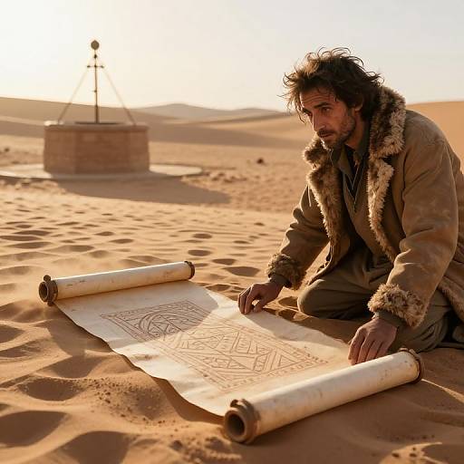 Photograph of a bearded man with messy hair, wearing a fur-trimmed brown coat, kneeling in a desert, drawing on parchment rolls on