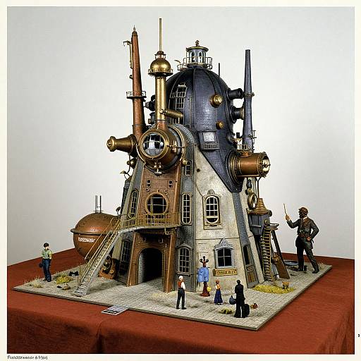 Photograph of a detailed, steampunk-style model factory building with miniature people, pipes, and industrial elements on a red table.