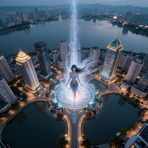 Digital artwork of a giant glowing woman with ethereal blue light, standing in a circular plaza, surrounded by city skyscrapers, with a tall fountain