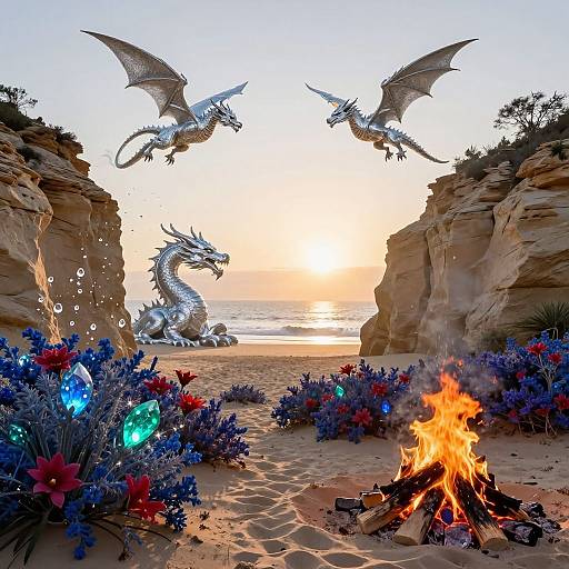 Digital art: Sunset beach scene with two silver dragons flying above, a silver dragon on sand, colorful Christmas lights, and a burning fire pit between rocky
