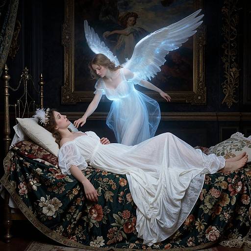 Photograph of two ethereal women in white gowns with glowing blue wings; one hovers over the reclining other on a floral-patterned ch