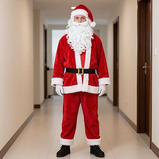 Photograph of a man standing in a hallway, dressed as Santa Claus in a red velvet suit with white fur trim, black belt, and black boots