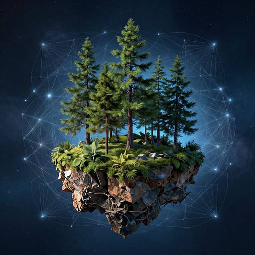 Floating island with lush trees, grass, and rocks in a starry, blue-lit night sky, surrounded by a glowing constellation network. Digital art