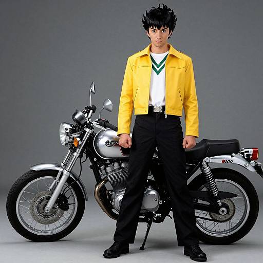 Photograph of a young man with spiky black hair, wearing a yellow jacket, white shirt, black pants, and green V-neck, standing confidently
