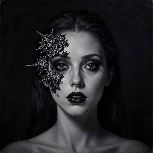 Digital artwork of a pale-skinned woman with dark lipstick, black eyeshadow, and intricate black star-shaped tattoos on her left eye, set against