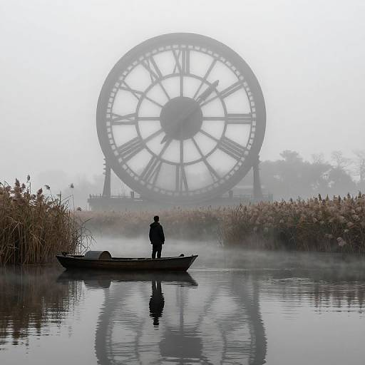 Photograph of a silhouetted person standing in a small boat on a misty lake, with a large, fog-covered clock face in the
