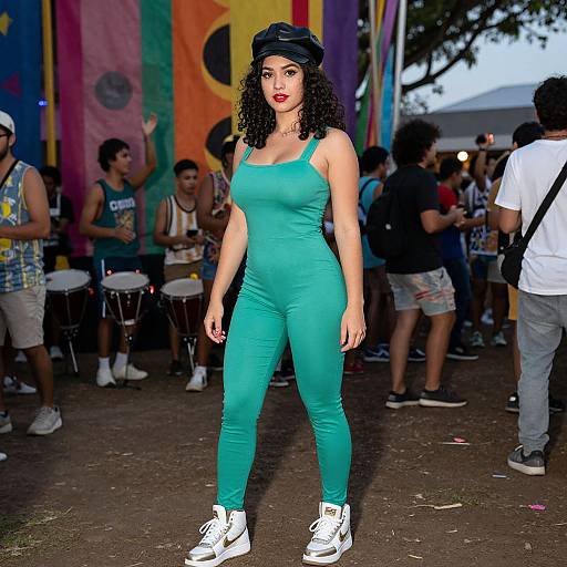 Photograph of a curly-haired woman in a tight, teal bodysuit, white sneakers, and black cap, standing confidently at a colorful, outdoor