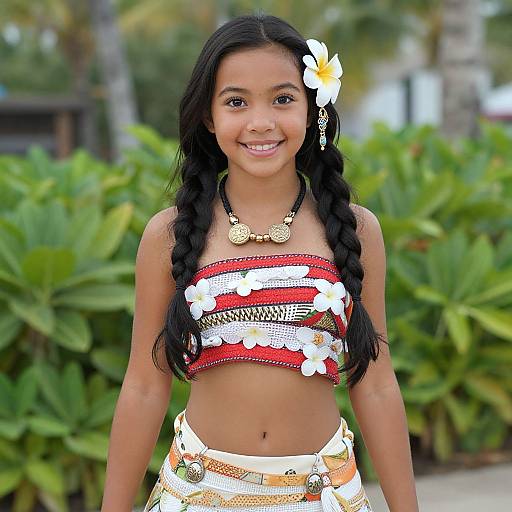 Photograph of a young girl with long black braids, wearing a red and white floral bandeau top, orange and white hula skirt, gold
