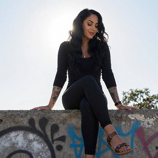 Young Woman Sitting on Graffiti Ledge