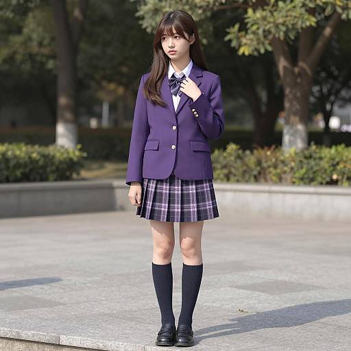 Japanese Schoolgirl in Purple Uniform Outdoors