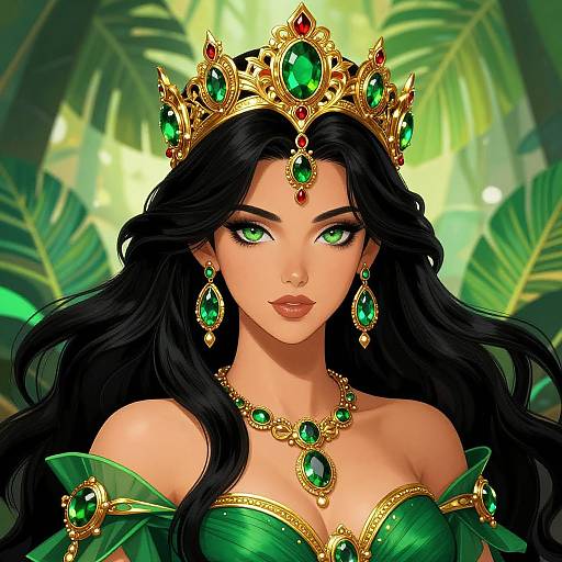 Digital illustration of a beautiful, green-eyed queen with long black hair, wearing a gold crown adorned with green gems, matching emerald necklace and earrings,