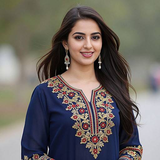 Photograph of a smiling Indian woman with long dark hair, wearing a black embroidered kurta, large earrings, standing outdoors on a blurred path.