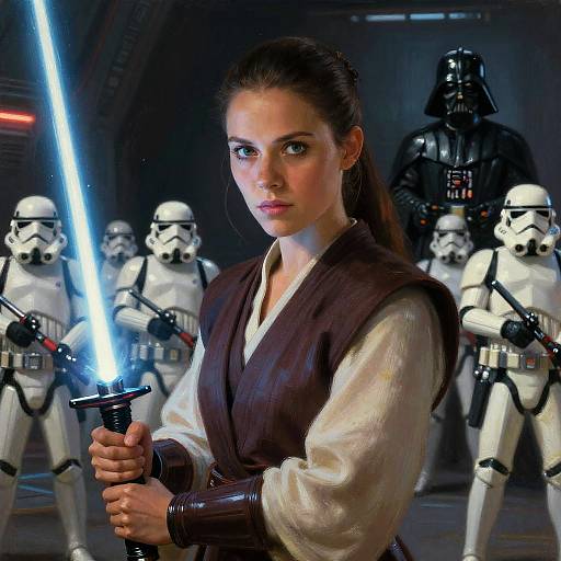 Photorealistic digital art: Strong-willed Padmé Amidala holding a glowing blue lightsaber, flanked by Stormtroopers and Darth Vader in