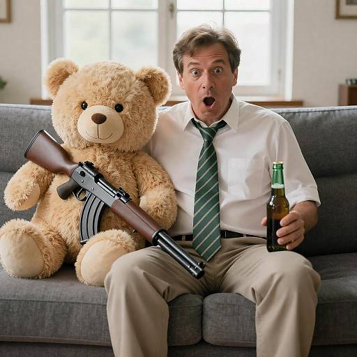 Excited Man and Teddy Bear on Sofa