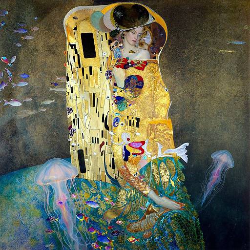 Gustav Klimt-style painting of a woman in a golden dress, surrounded by vibrant fish and jellyfish, with an ornate, golden