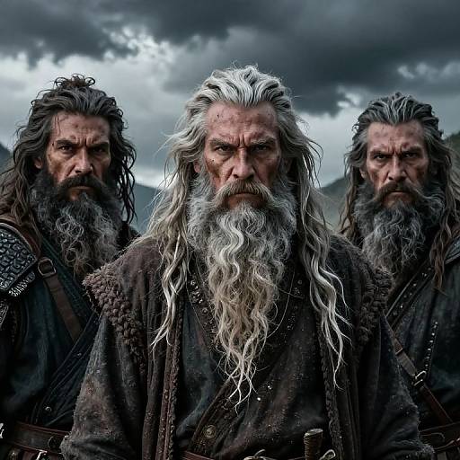 Photograph-style CGI of three rugged, bearded Viking warriors with long, wild gray hair and dark, weathered leather clothes, standing under a storm