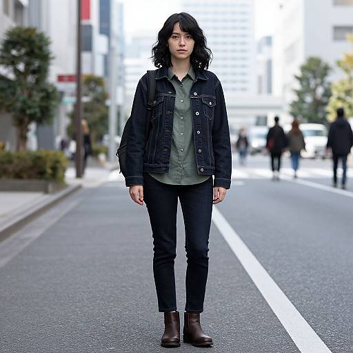 Photograph of a young woman with wavy black hair, wearing a black denim jacket, green shirt, black pants, and brown boots, standing on