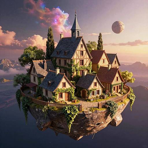 Fantastical floating village with wooden houses, lush greenery, and a spire, surrounded by a serene, misty lake under a pink and