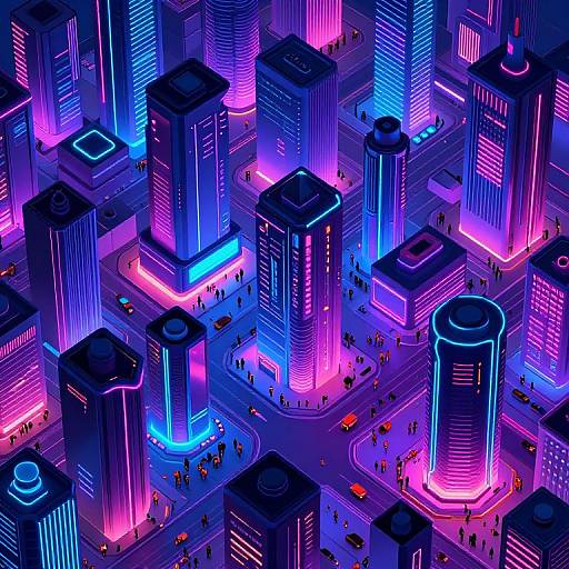 Aerial digital art of a neon-lit cityscape featuring glowing blue and purple skyscrapers, tiny people, and colorful streetlights at intersections.