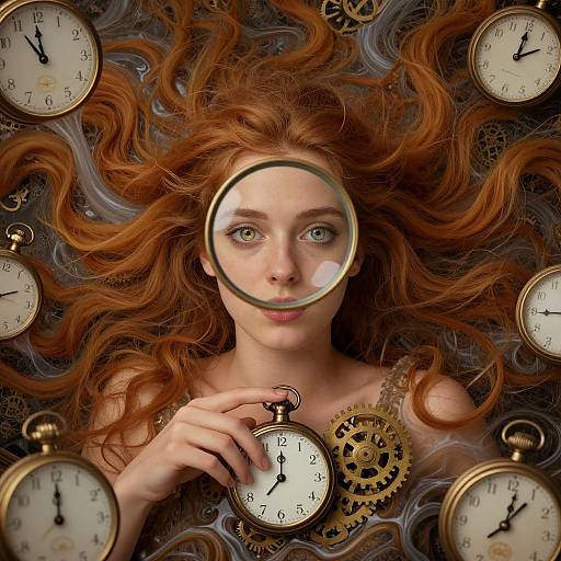 Digital art of a red-haired woman with green eyes, surrounded by floating clocks, holding one close to her face through a magnifying glass.