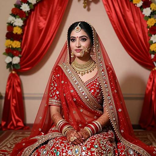 Photograph of a South Asian bride in a red, gold-embroidered lehenga with a sheer veil, adorned with jewelry, seated against red