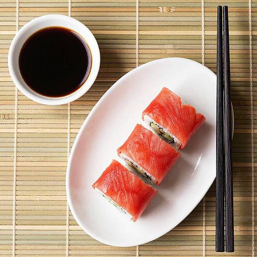 Top-Down View of Sushi with Soy Sauce and Chopsticks