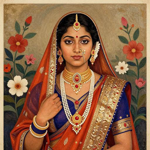 Traditional Indian bride portrait in vibrant red and gold saree, adorned with elaborate jewelry, pearl necklaces, and floral backdrop. Digital art.