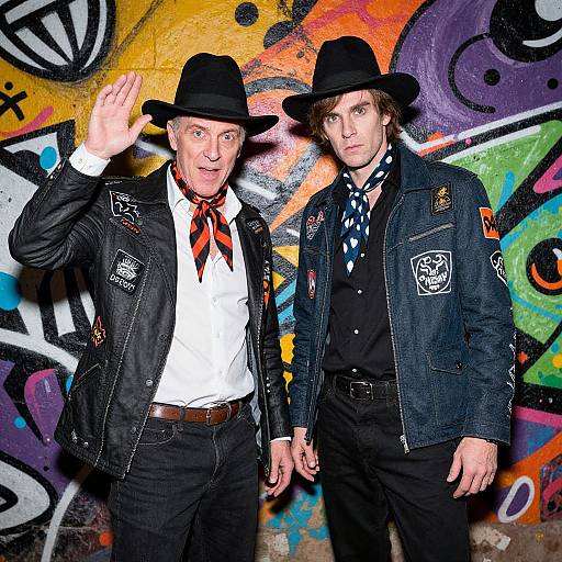 Photograph of two men in black cowboy hats, denim jackets, and black shirts, standing in front of colorful graffiti wall, one waving.