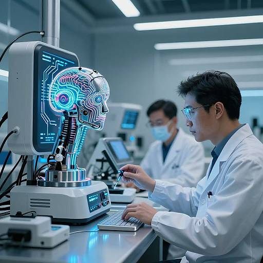 Photograph of Asian male scientist in white lab coat, blue glasses, working on futuristic robotic head with neon blue circuitry in bright, modern lab.