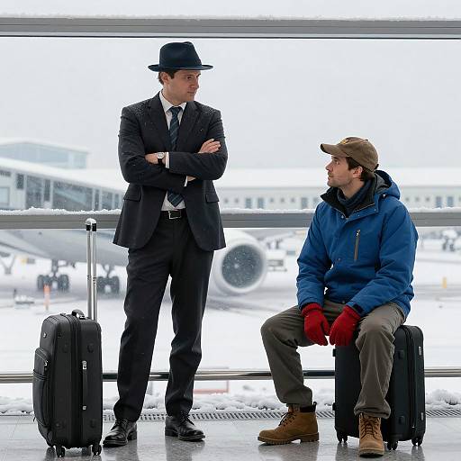 Men in Airport with Winter Scene