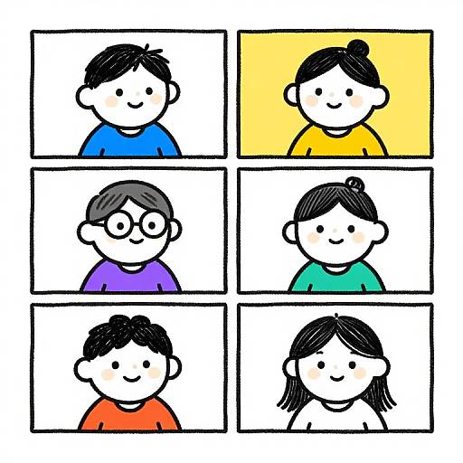 Digital drawing of six simple, cartoon-style children with black hair, wearing colorful shirts (blue, yellow, purple, green, orange, white), in