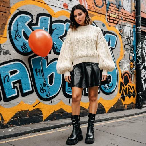Woman in Oversized Knit Sweater and Leather Skirt with Balloon Sleeves