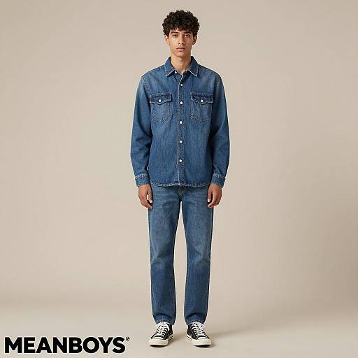 Young man in blue denim outfit