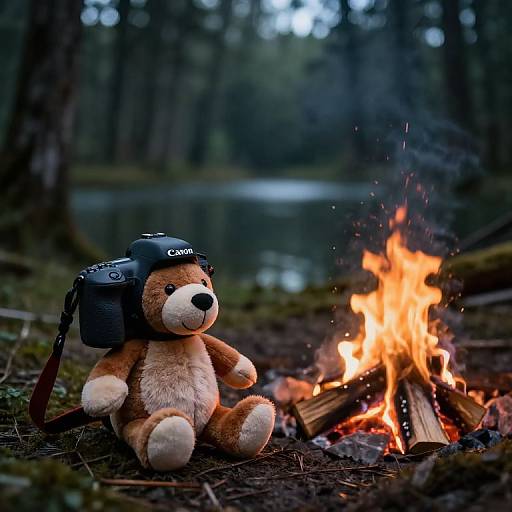 Photograph of a brown teddy bear wearing a Canon camera backpack, sitting by a bright campfire in a forest, with a blurred lake in the