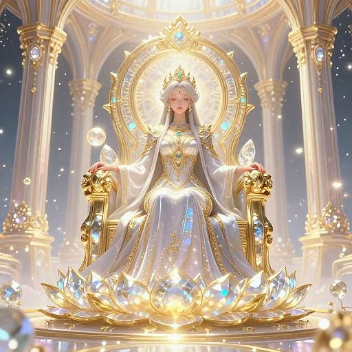 Digital artwork of a radiant, fair-skinned queen with white hair, wearing an ornate, glowing, white and gold dress, seated on a lumin