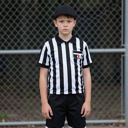 Photograph of a young boy wearing a black and white striped referee shirt, black pants, and black cap, standing in front of a chain-link fence